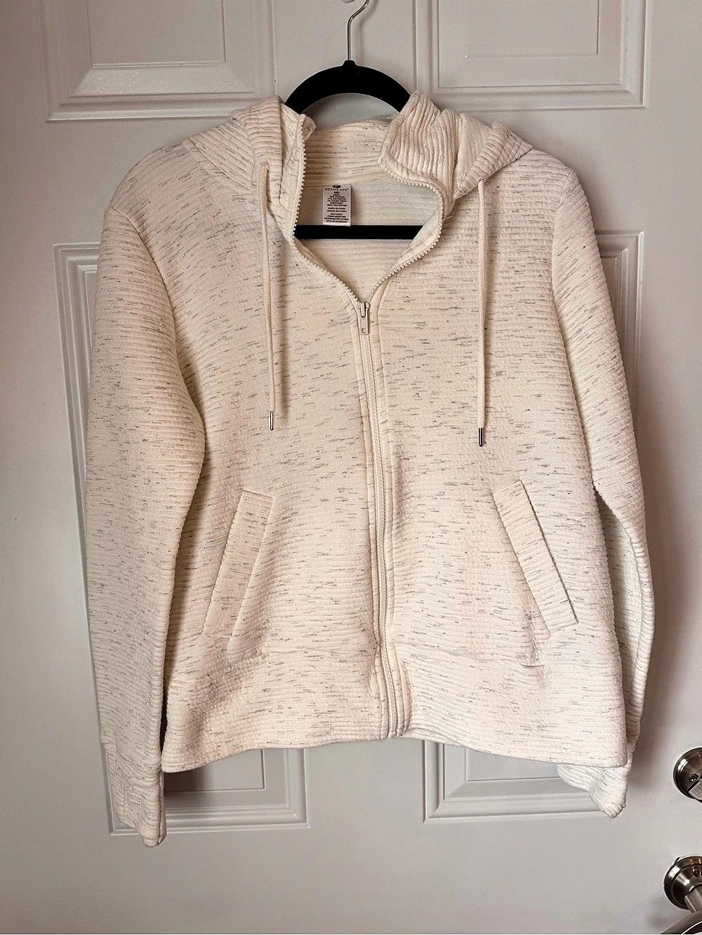 Active Life Ribbed Full Zip Hoodie with Thumb Hole Cuffs Cream Medium